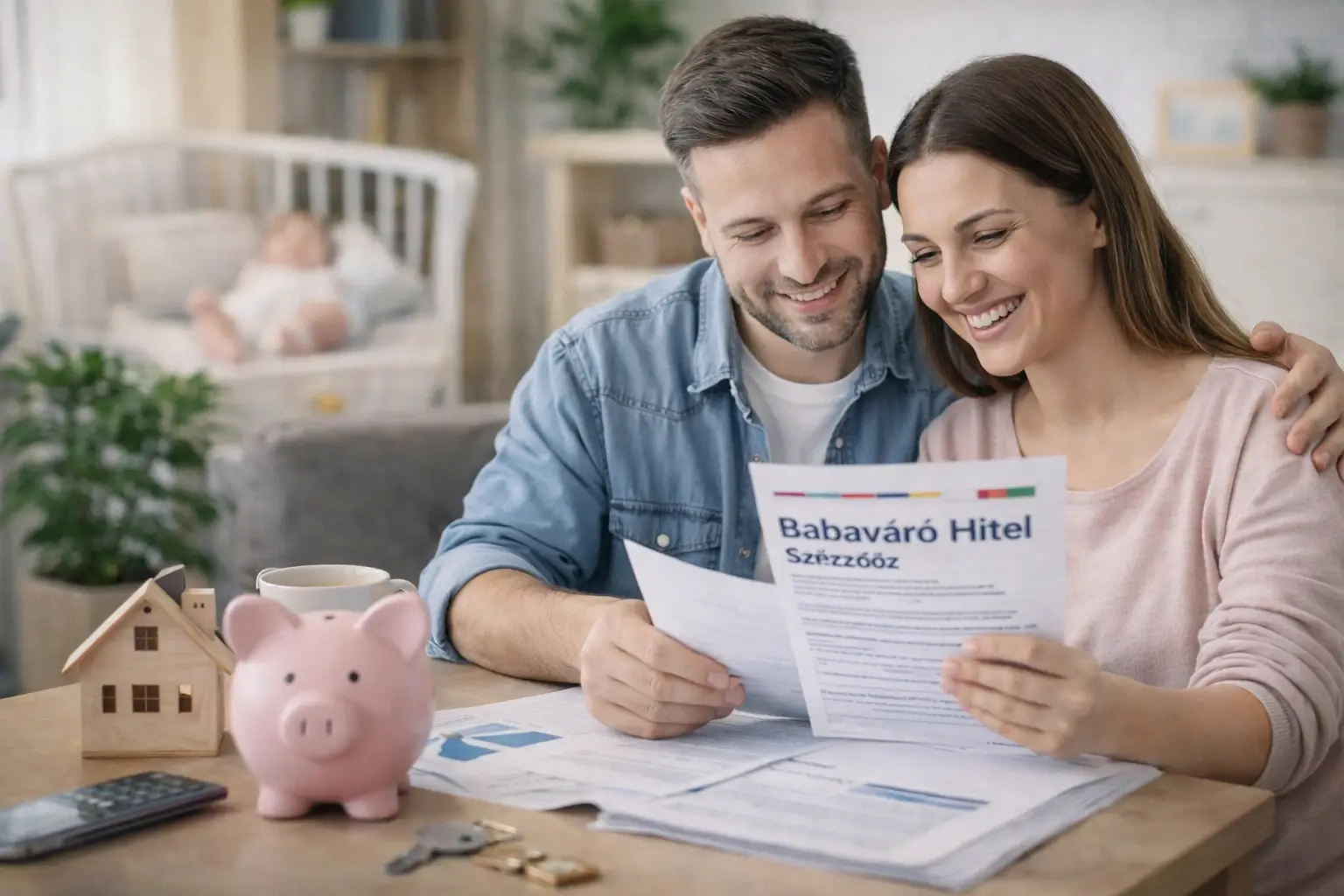 Babaváró hitel igénylés – fiatal pár dokumentumokat néz babával – pozitív pénzügyi döntés