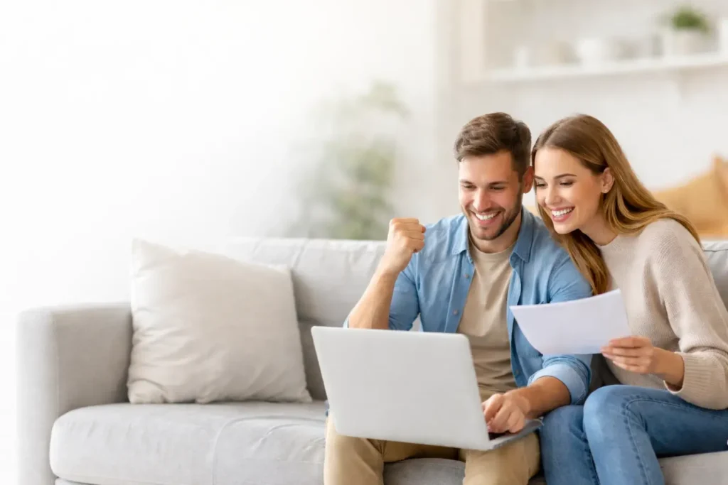 Fiatal pár otthon laptop előtt ülve, hitelügyintézéssel kapcsolatos dokumentumot néznek és örülnek a kedvező ajánlatnak