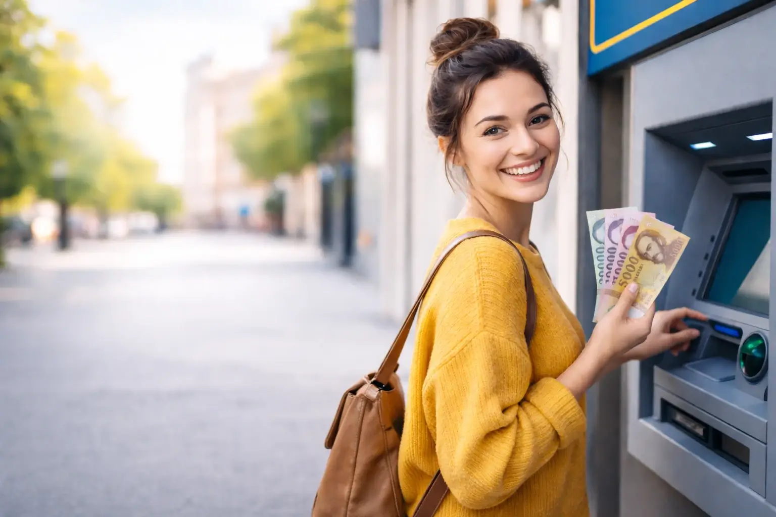 Ingyenes készpénzfelvétel ATM-ből – nő pénzt vesz fel bankautomatánál – egyszerű bankolás