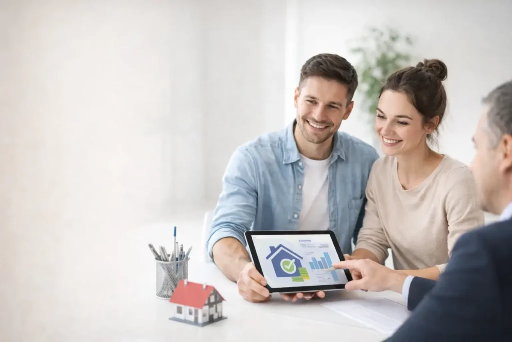 Minősített fogyasztóbarát lakáshitel – fiatal pár hitelügyintézővel egyeztet – átlátható lakáshitel