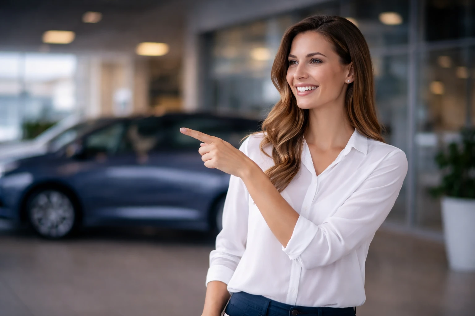 Autóhitel - hölgy a szalonban mutat egy autóra - boldognak érzi magát