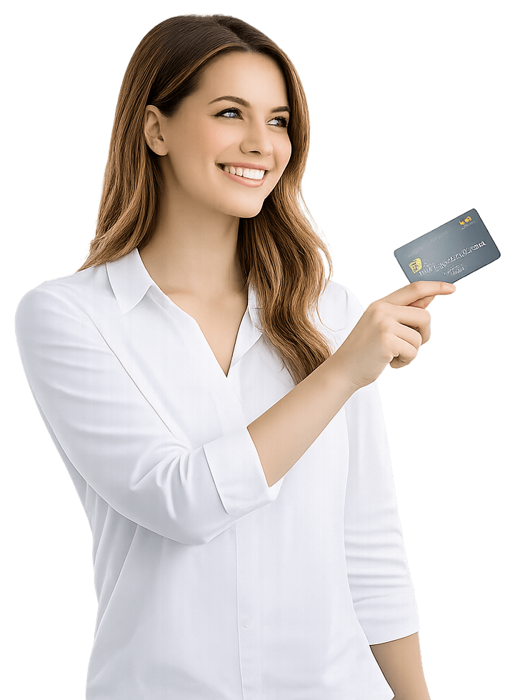 hölgy bankártyát nyújtva boldogan a számlanyitás előtt